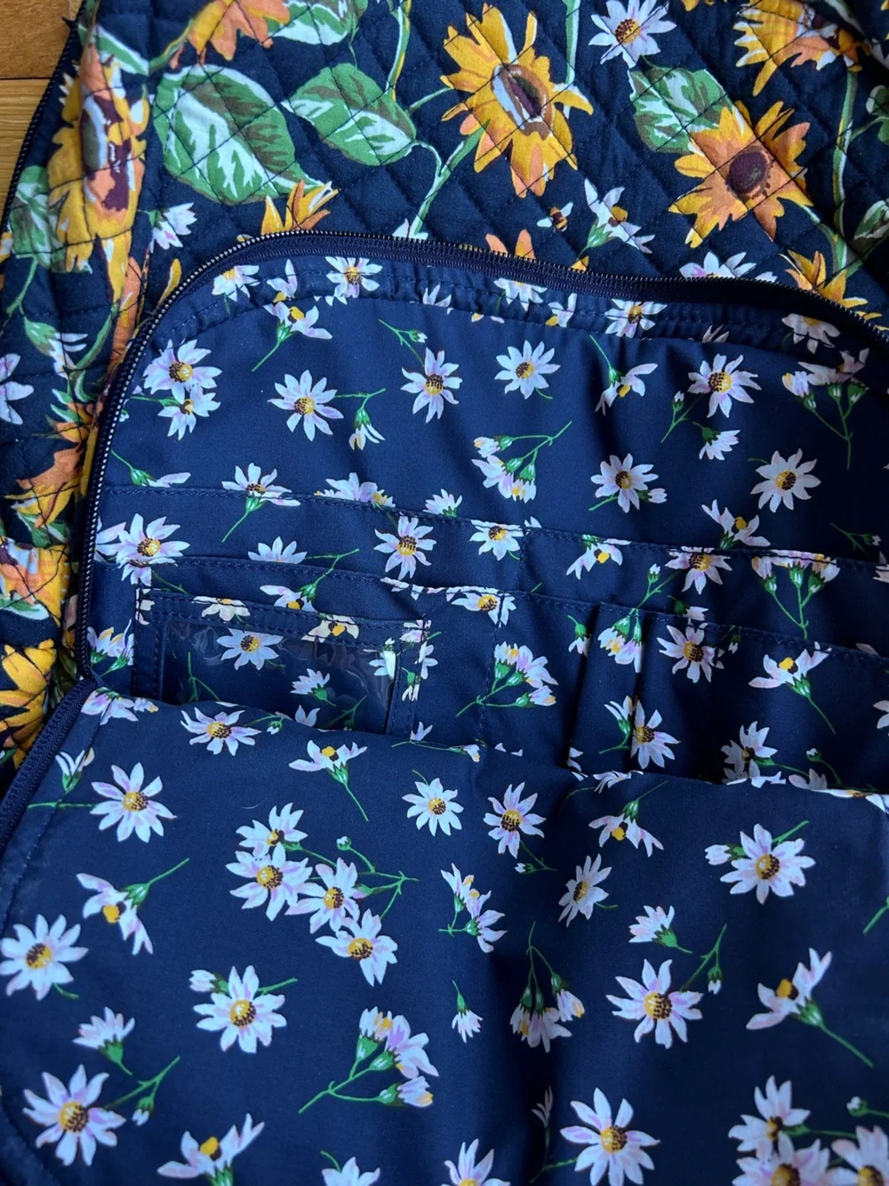 Vera Bradley Navy Quilted Campus Backpack with Yellow Sunflower Print